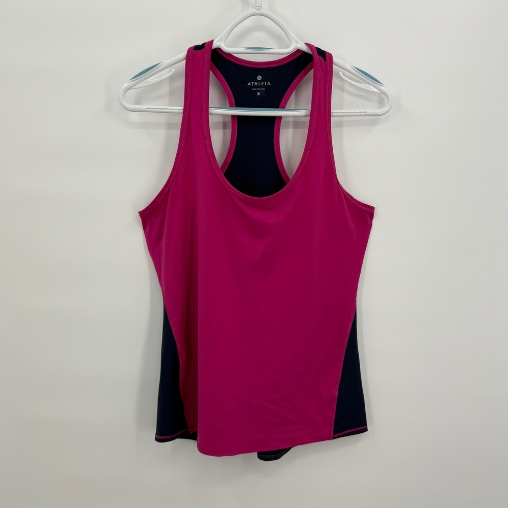 Athleta Womens Racerback Tank Top Fuchsia Pink Navy Blue Colorblock Small 964409